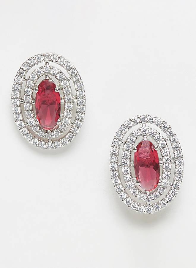 Sparkling Elegance Red Stone Silver Plated Pendant Set : 8905124443547