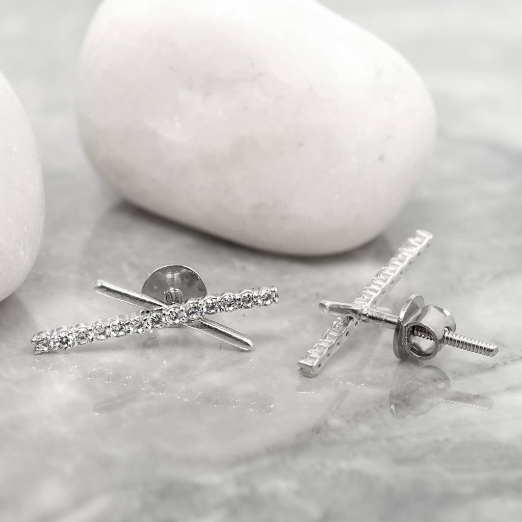 925 Silver X Stud Earrings | Modern Cross Bar Jewelry Gift : SE_000902