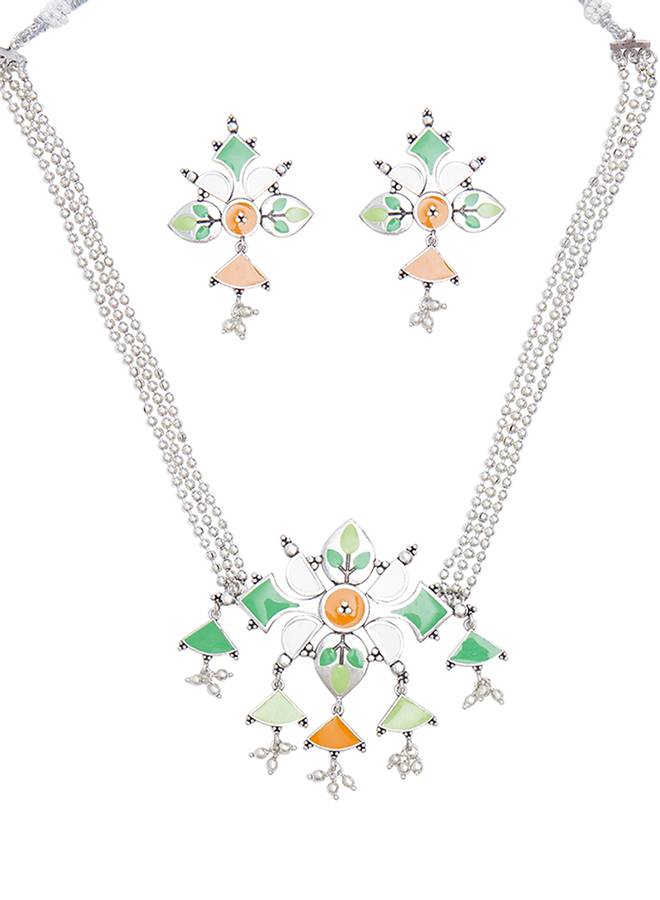 Festive Hues Enamelled Floral Patterns Silver Plated Jewellery Set : 8905124458916