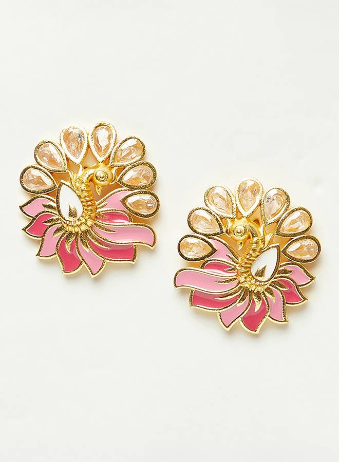 Shwet Kamal Faux Kundan Pink Enamel Peacock Motif Gold Plated Stud Earrings : 8905124444704
