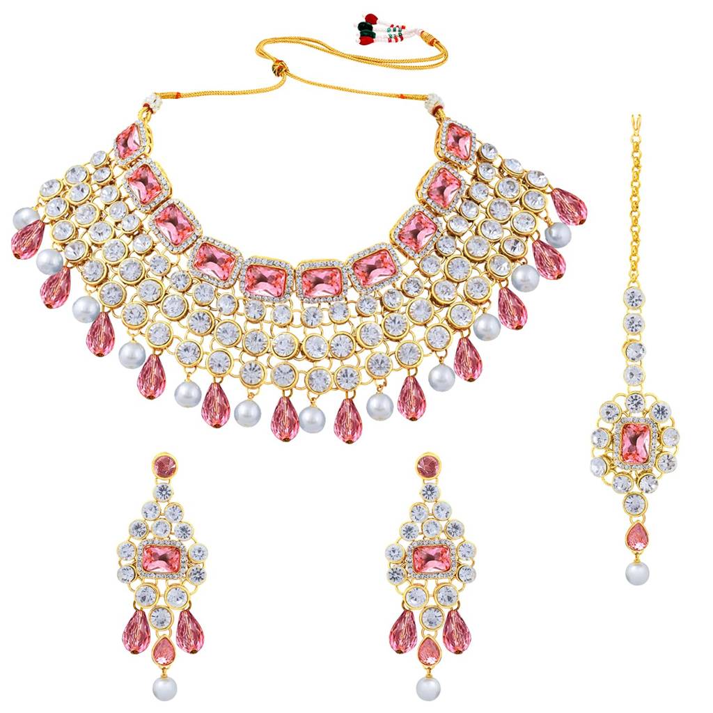 Crystal Choker Necklace With Maang Tikka Earrings Indian Traditional Bridal Wedding Jewellery Set For Women Girls : PF25N708PK