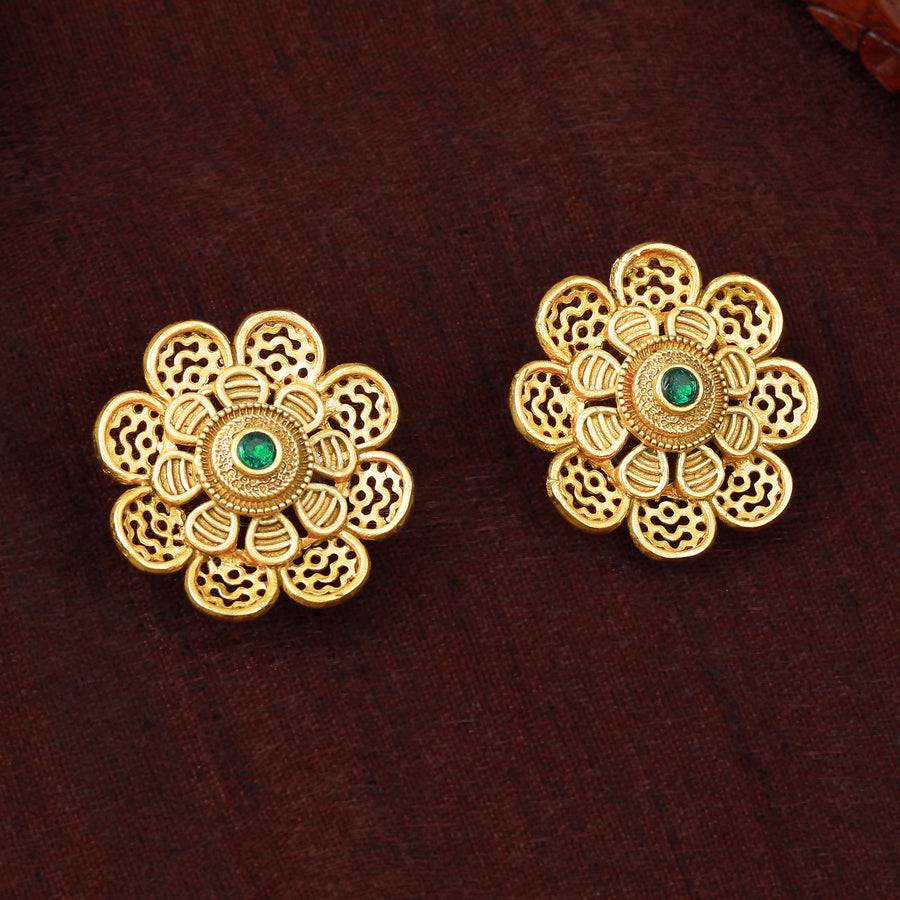 Estele Gold Plated Floral Designer Matte Finish Stud Earrings With Green Crystals For Women : AD-116713-IGGNER