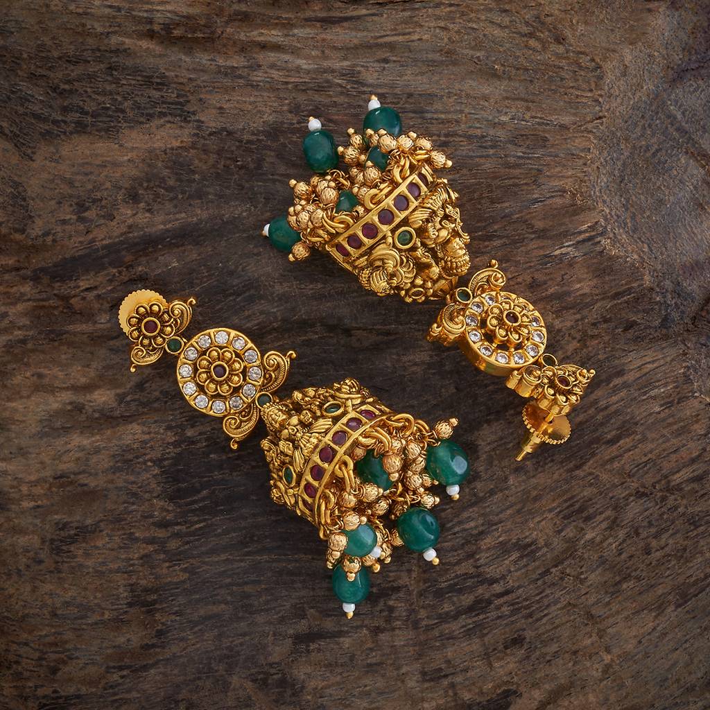 Ruby-Green Gold-Plated Ethnic Antique Jhumkas-424257 : 424257