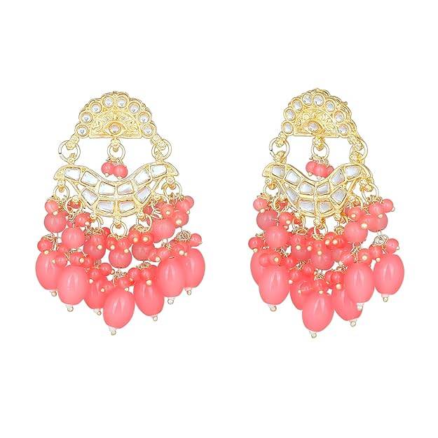 Estele Gold Plated Elegant Designer Gehena Drop Earrings With Mint Pink Beads For Women : PJ-012-IGMPER