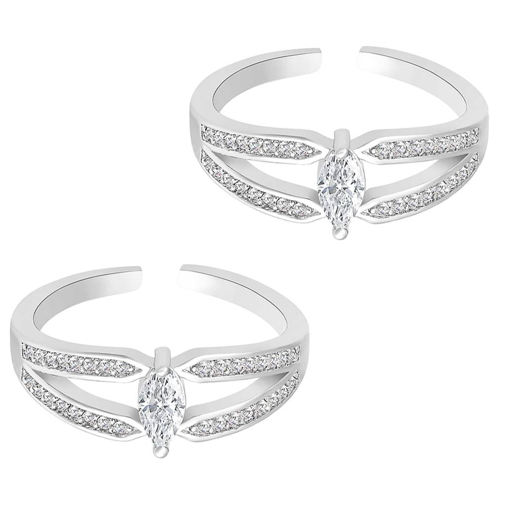 Silver Plated White Cubic Zirconia Studded Fancy Toe Ring Adjustable Bichiya Fashion Jewellery Gift For Women & Gi : PF30TR22S