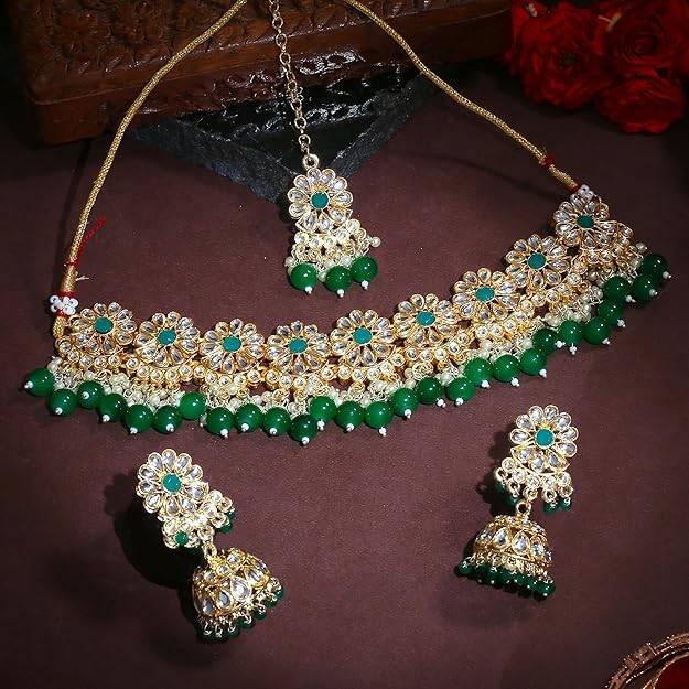 Estele Gold Plated Marvelous Gehena Necklace Set & Maang Tikka With Green Beads For Women : PJ-040-IGGNNKERTK