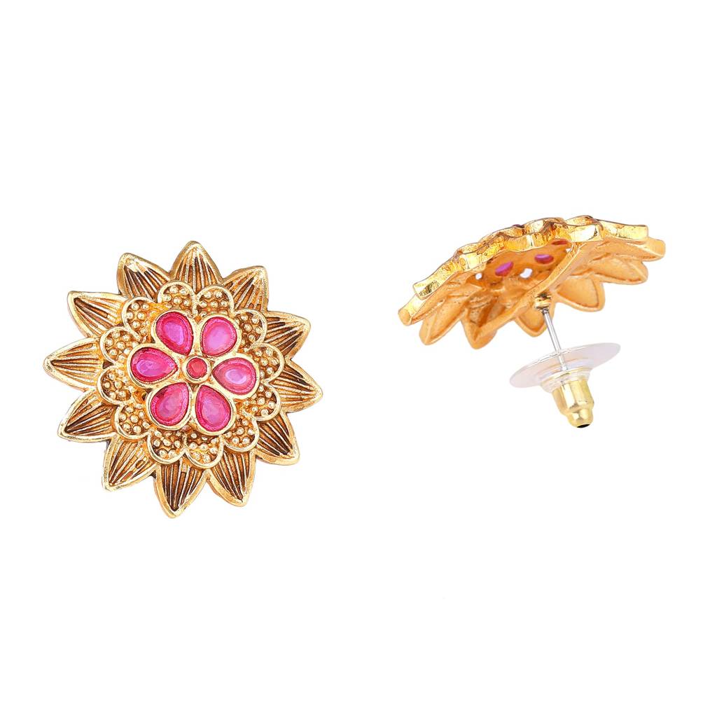Estele Gold Plated Flower Designer Matte Finish Stud Earrings With Ruby Crystals For Women : AD-116712-IGRBER