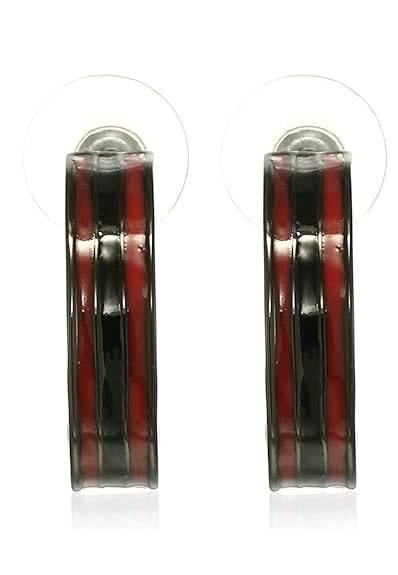 Estele Black Chrome Plated Red And Black Enamel Hoop Earrings For Women : 700705-IGER