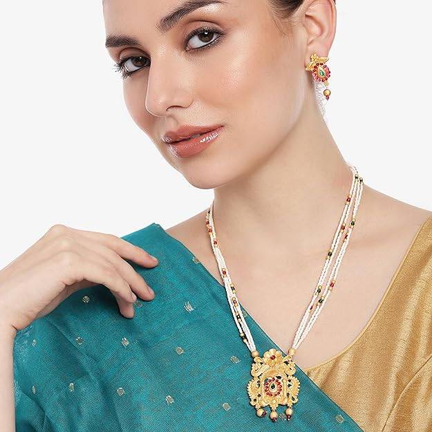 Estele Gold Plated Traditional Gehena Pearl Necklace Set With Ruby Crystals For Women : PJ-046-IGRBNKER