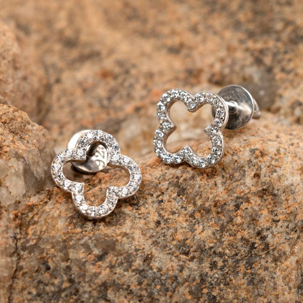 925 Silver Clover Stud Earrings | Good Luck Diamond Jewelry : SE_000906