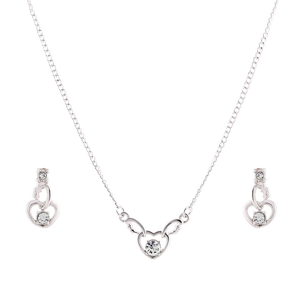 Estele Rhodium Plated Heart With Wings Shaped Pendant Set With Crystals For Women : 9299NKER