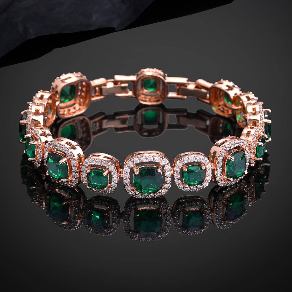 Estele Rosegold Plated Stylish Charm Bracelet With Green American Diamonds: Lightweight & Modern Design For Wo : AD-066-RGGNBR