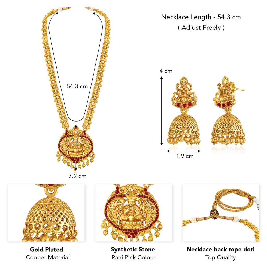 Gold Plated Rani Pink Synthetic Stone Studded Long Necklace Jhumki Earrings Jewellery Set For Women & Girls : PF04NK11133RP