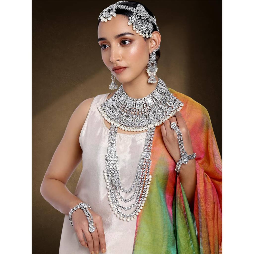 Ethnic Traditional Gold Plated Kundan Studded Dulhan Bridal Jewellery Set With Choker Earrings Maang Tikka Hathph : PF36BR02RW