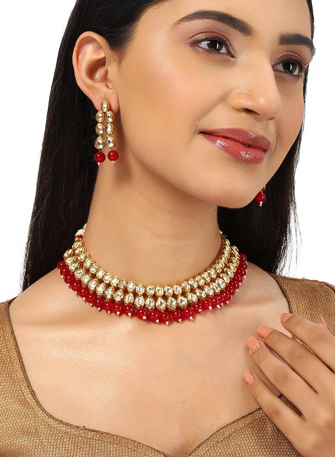 Kundan Gold Plated Brass Necklace Set-Krbom20071 : 8905124437874