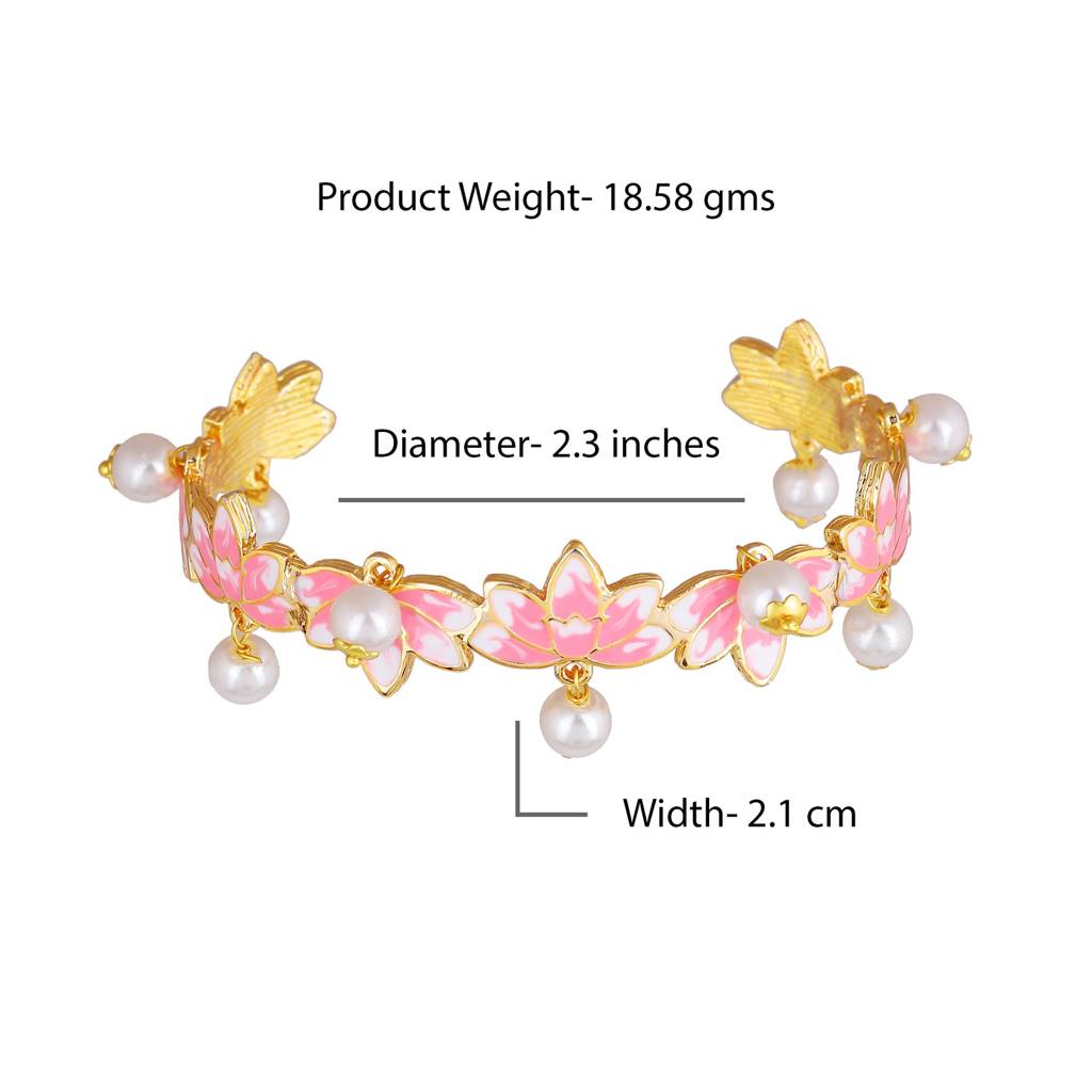 Estele Gold Plated Pink Enamel Lotus Designer Charismatic Pearl Drop Cuff Bracelet For Girl'S & Women : AD-060-IGBR