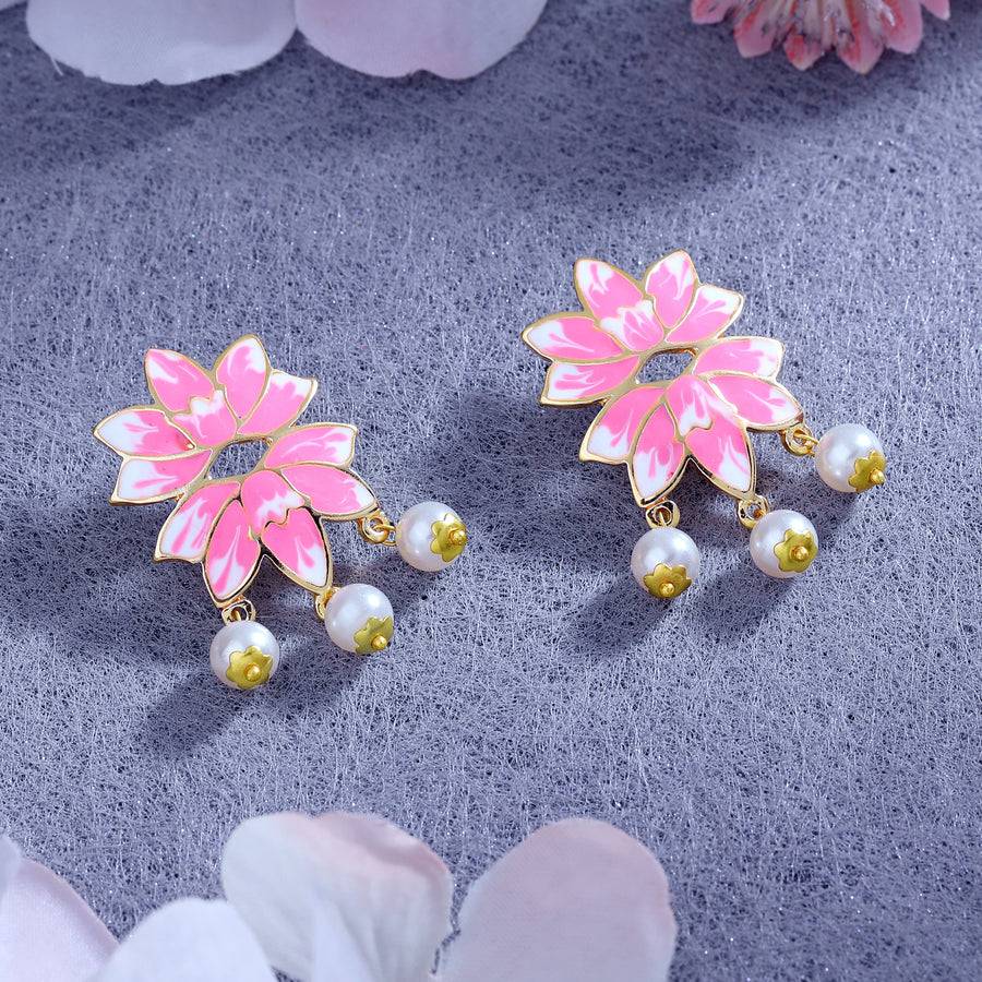 Estele Gold Plated Alluring Lotus Designer Pearl Drop Earrings With Pink Enamel For Girl'S & Women : 10198-IGER