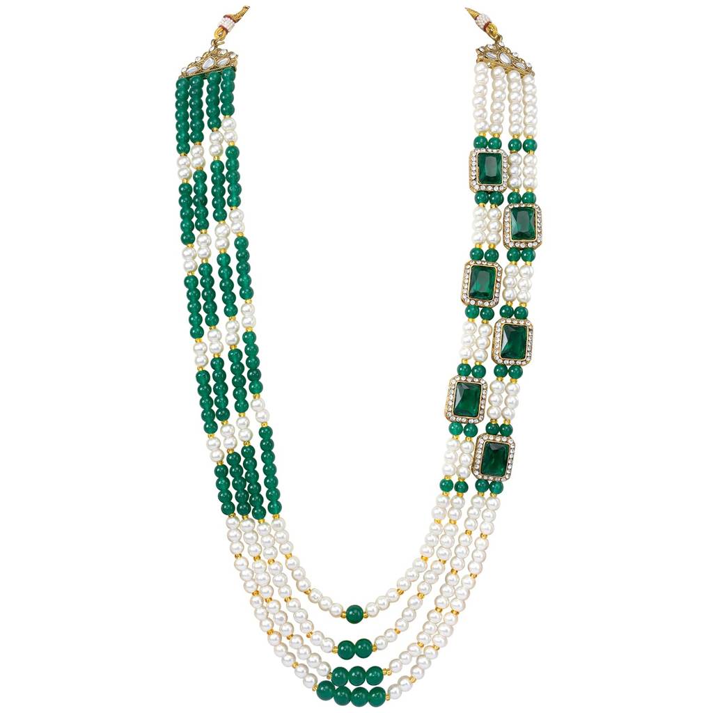 Gold Plated White Green Beads Studded Ethnic Sherwani Haar Maala Necklace Traditional Fancy Groom'S Jewellery Gift : PF31MN04G