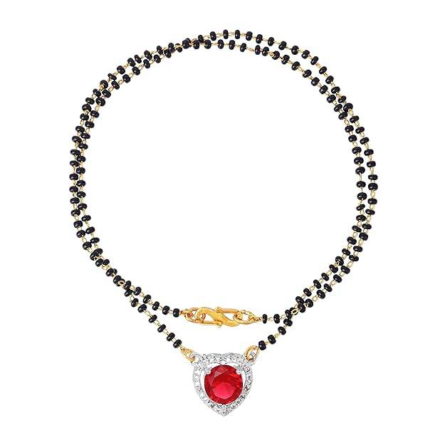 Gold & Rhodium Plated Graceful Heart Pendant Mangalsutra Chain With Black Beads & Ruby Crystal For Women : OSAKMS001-2TNRBNK