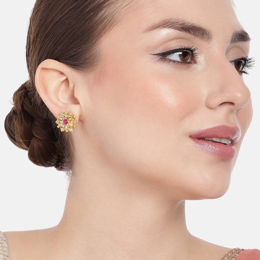 Estele Gold Plated Flower Designer Matte Finish Stud Earrings With Ruby Crystals For Women. : AD-116715-IGRBER