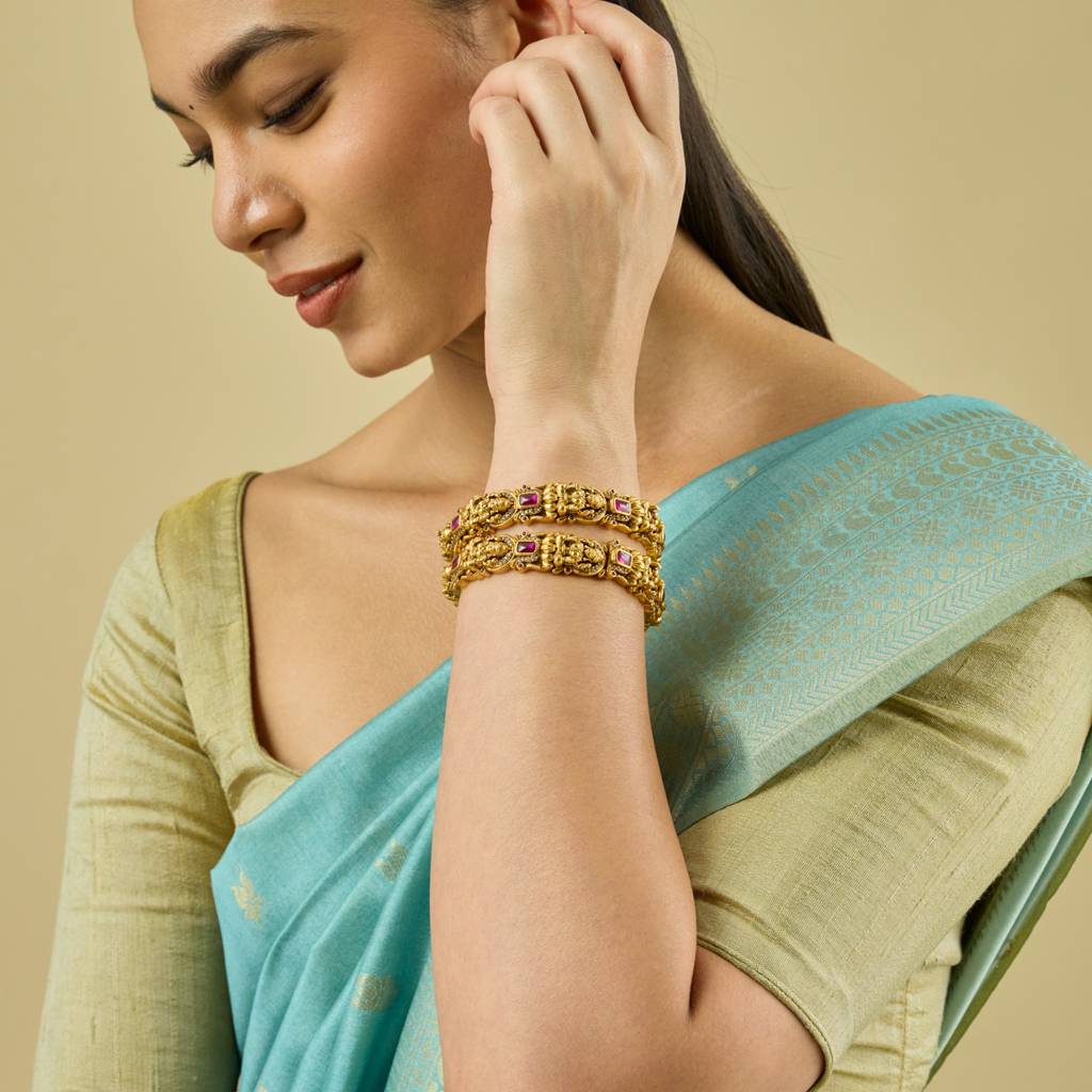 Kushal'S Fashion Jewellery Ruby Gold-Plated Ethnic Antique Bangle-185525 : 442564