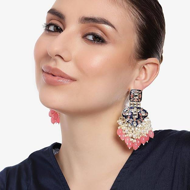 Estele Gold Plated Splendid Designer Gehena Earrings With Mint Pink Beads For Women : PJ-014-IGMPER