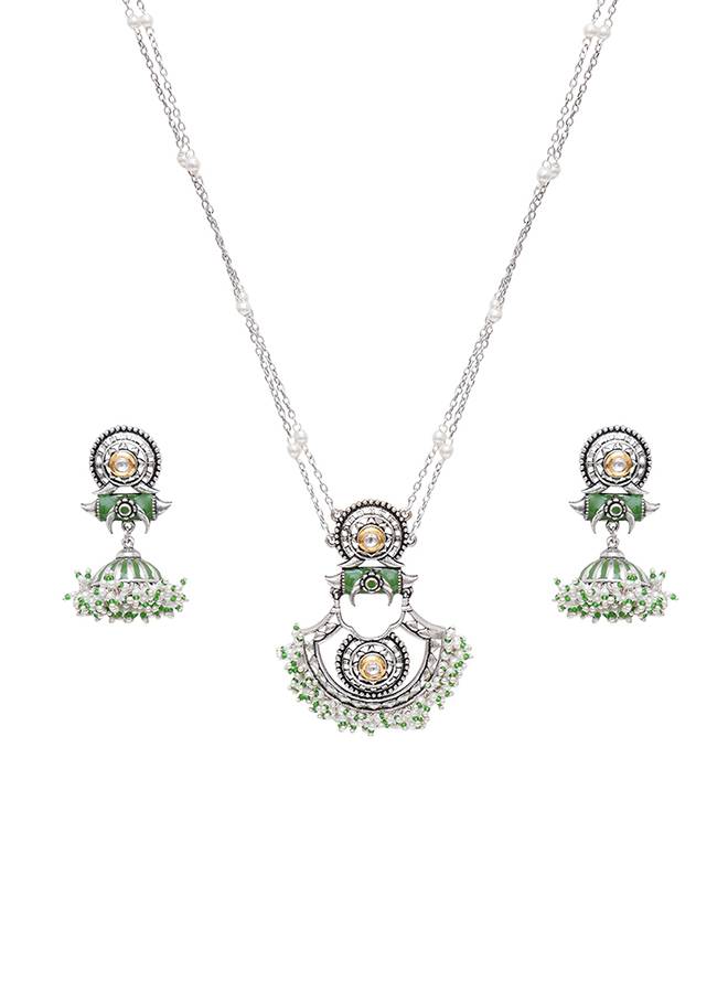 Festive Hues Green Enamel Faux Pearls Adorned Brass Silver Plated Jewellery Set : 8905124466478