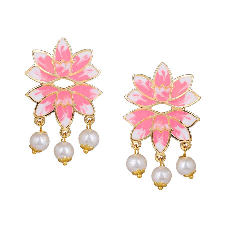 Estele Gold Plated Attractive Lotus Designer Pearl Necklace Set With Pink Enamel For Girl'S & Women : 10198-IGNKER