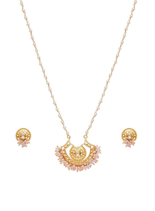 Festive Hues Long Gold Plated Jewellery Set In Pastel Pearl Chain : 8905124466508