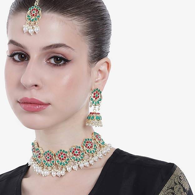 Estele Gold Plated Traditional Gehena Choker Necklace Set & Maang Tikka For Women : PJ-050-IGRBGNNKERTK