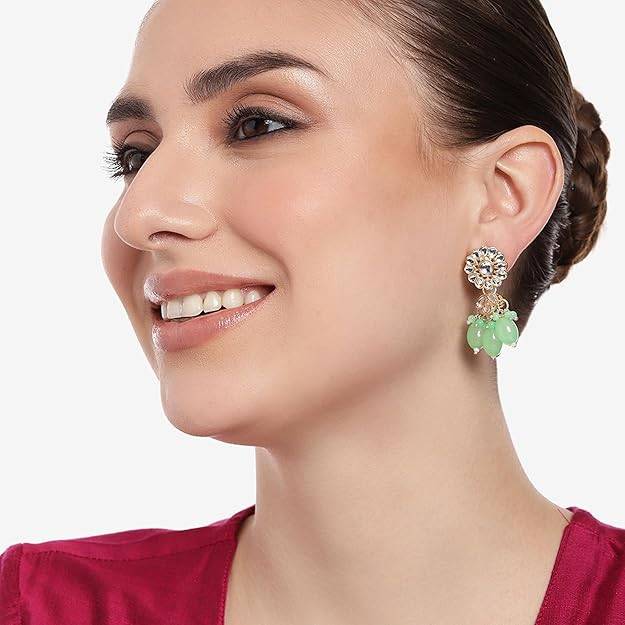 Estele Gold Plated Flower Designer Gehena Drop Earrings With Mint Green Beads For Women : PJ-003-IGMGER