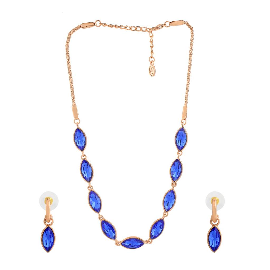 Estele Rosegold Plated Pear Designer Necklace Set With Blue Austrian Crystals For Women : 9214-RGNKER