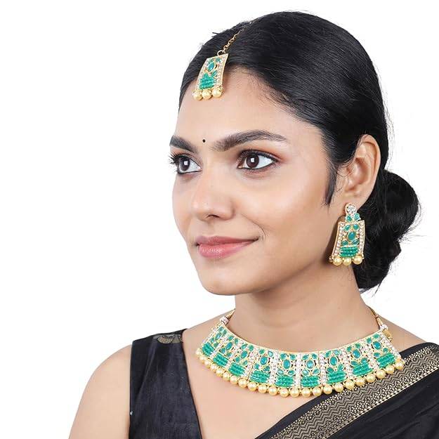 Estele Gold Plated Alluring Gehena Necklace Set & Maang Tikka With Green Stones For Women : PJ-042-IGGNNKERTK