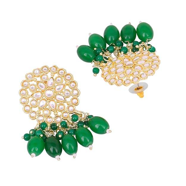 Estele Gold Plated Floral Designer Gehena Drop Earrings With Green Beads For Girls/Women : PJ-004-IGGNER