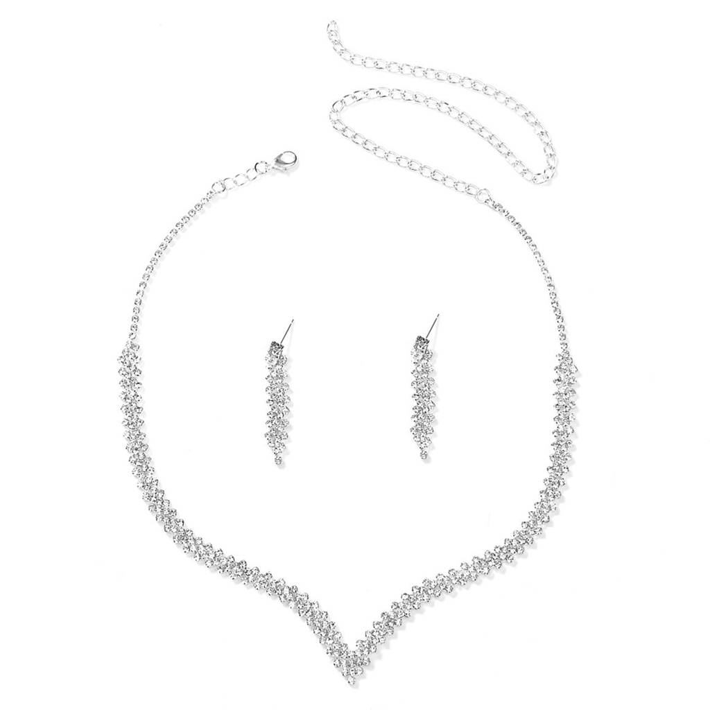 Silver Plated Cubic Zirconia Necklace And Drop Earring Set Stylish Fashion Jewellery For Women & Girls : PX9N98