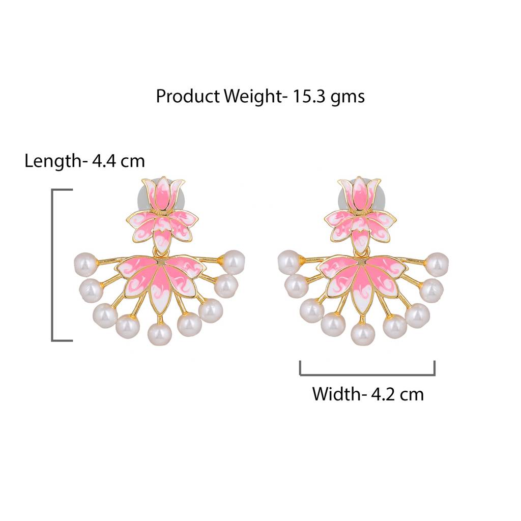 Estele Gold Plated Lotus Designer Pearl Drop Earrings With Pink Enamel For Girl'S & Women. : 799710-IGER