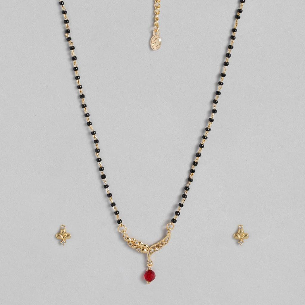 Estele Gold Plated Cz Floral Wave Designer Mangalsutra Necklace Set With Ruby Bead For Women : AD-MS-011NKER