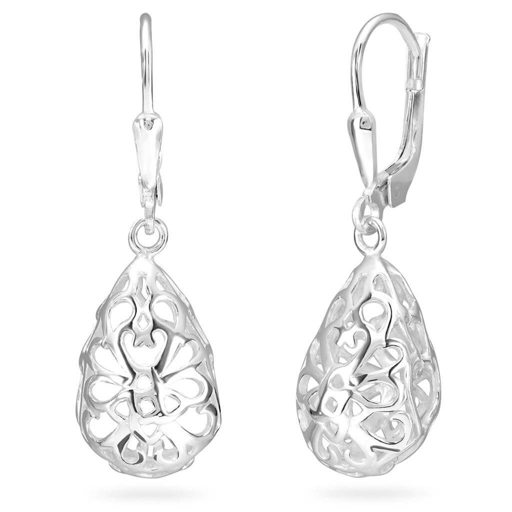 925 Sterling Silver Anti Tarnish Tear-Drop Diamond-Cut Filigree Earrings Jewellery Collections Navratri Gift For Wom : PF17E72
