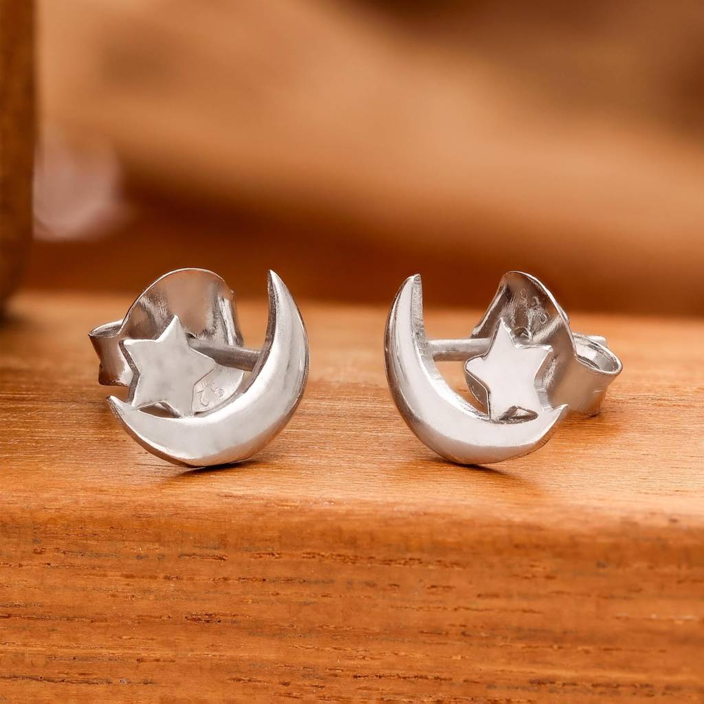 925 Silver Moon & Star Stud Earrings Gold & Silver Finish Celestial  Jewelry : SE_000873
