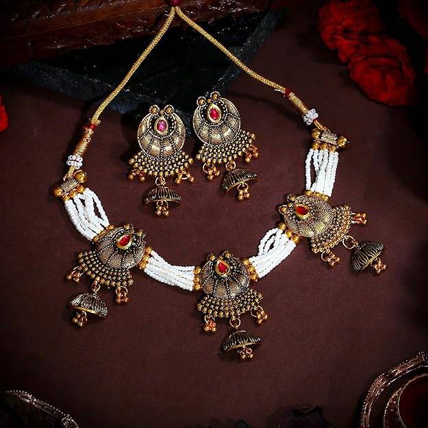 Estele Gold Plated Conventional Antique Gehena Choker Necklace Set With Pearls For Women : PJ-047-IGRBNKER