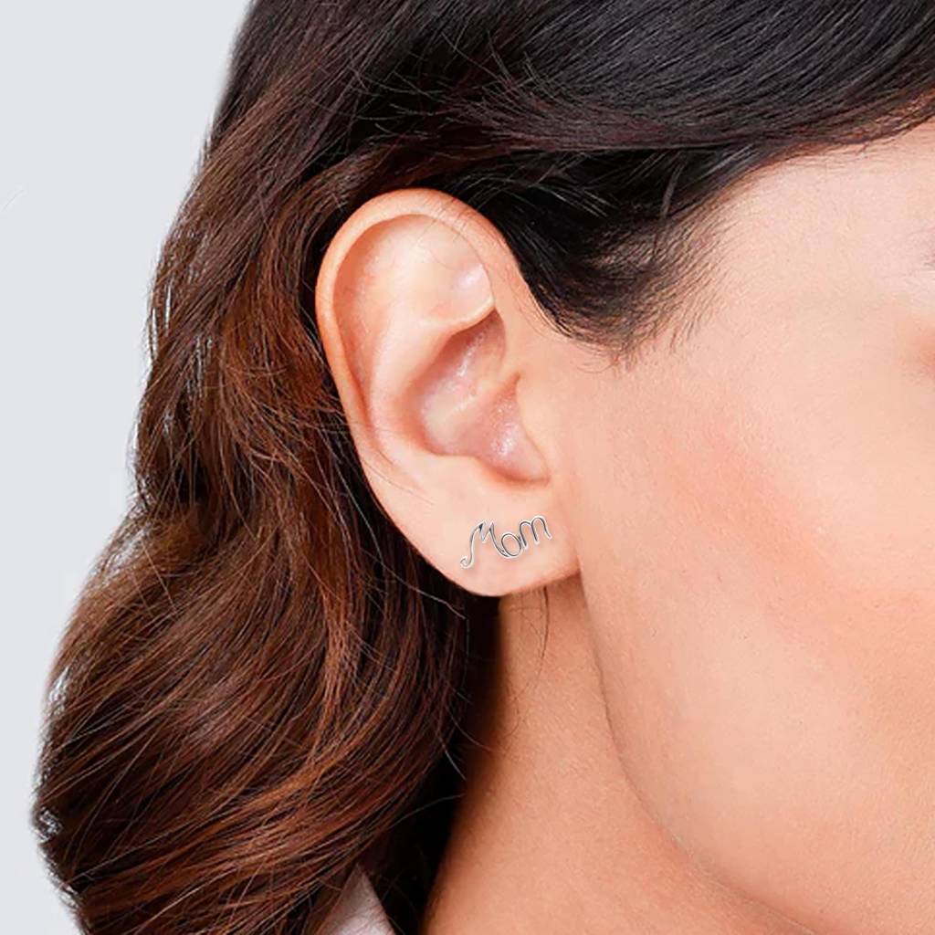 Mom-Dad Script Minimalist Sterling Silver Stud Earrings For Women : SE_000528