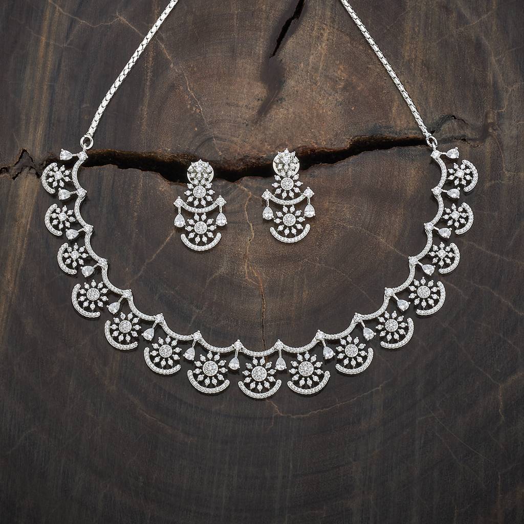 White Plated Party Zircon Necklace Set-426377 : 426377