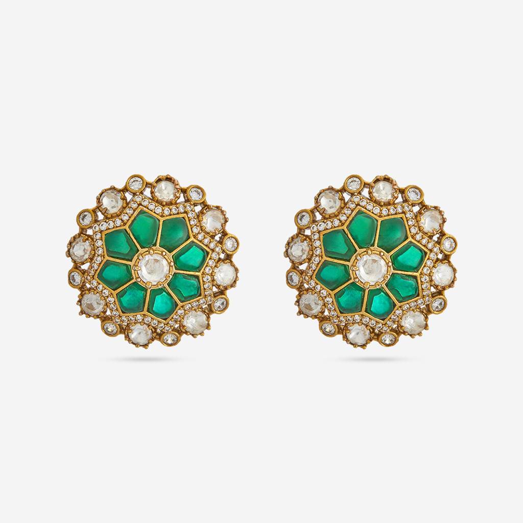 Green Plated Ethnic Kundan Studs-443066 : 443066
