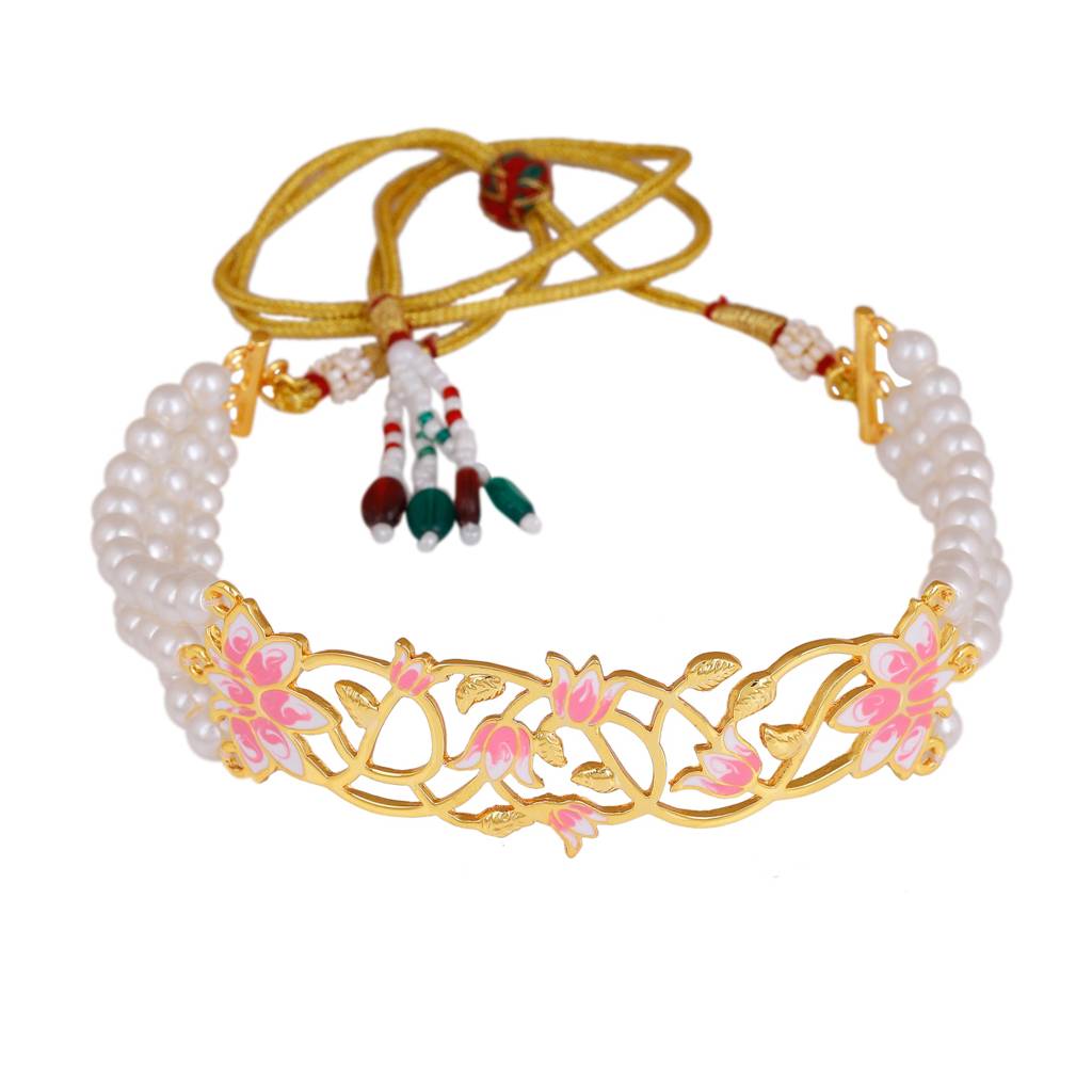 Estele Gold Plated Stylish Lotus Designer Pearl Choker Necklace Set With Pink Enamel For Girl'S & Women : 10190-IGNKER