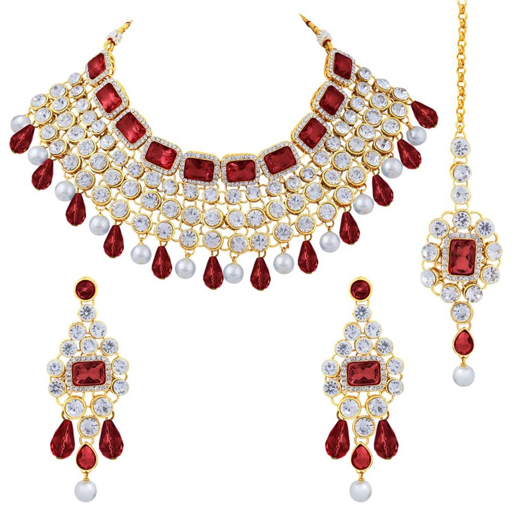 Crystal Choker Necklace With Maang Tikka Earrings Indian Traditional Bridal Wedding Jewellery Set For Women Girls- : PF25N708M