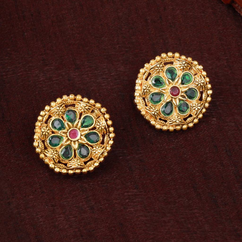 Estele Gold Plated Floral Designer Matte Finish Stud Earrings With Multi-Color Crystals For Women : AD-116714-IGMCER