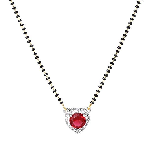 Gold & Rhodium Plated Graceful Heart Pendant Mangalsutra Chain With Black Beads & Ruby Crystal For Women : OSAKMS001-2TNRBNK
