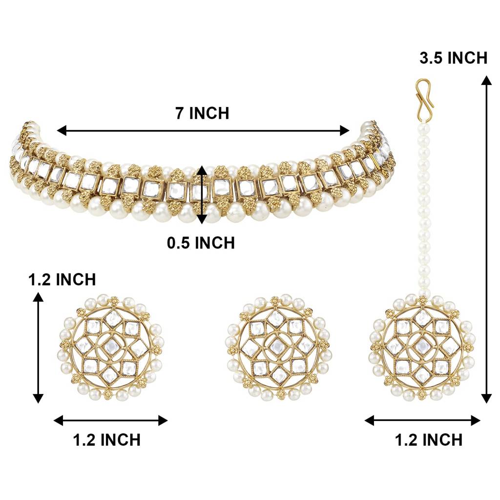 Traditional Gold Plated Kundan Choker Necklace Round Stud Earring & Maang Tikka Ethnic Jewellery Set Gift For Girl : PF28N227W