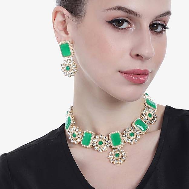 Estele Gold Plated Fascinating Designer Gehena Necklace Set With Green Stone For Women : PJ-026-IGGNNKER