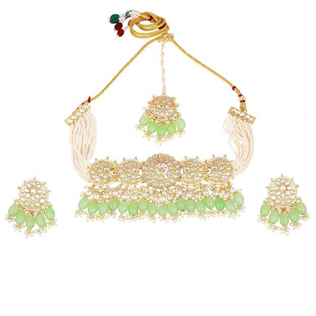 Estele Gold Plated Splendid Gehena Necklace Set & Maang Tikka With Mint Green Beads For Women : PJ-041-IGMGNKERTK